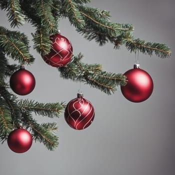 Close-UP of Christmas Tree, Red and Golden Ornaments against a Defocused Lights Background