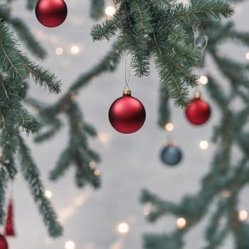 Close-UP of Christmas Tree, Red and Golden Ornaments against a Defocused Lights Background