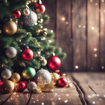 Close-UP of Christmas Tree, Red and Golden Ornaments against a Defocused Lights Background