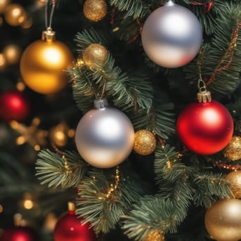 Close-UP of Christmas Tree, Red and Golden Ornaments against a Defocused Lights Background