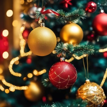 Close-UP of Christmas Tree, Red and Golden Ornaments against a Defocused Lights Background