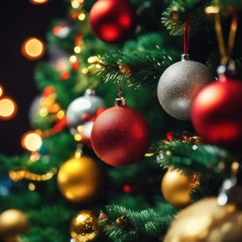 Close-UP of Christmas Tree, Red and Golden Ornaments against a Defocused Lights Background