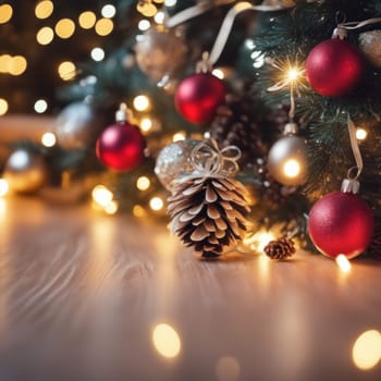 Close-UP of Christmas Tree, Red and Golden Ornaments against a Defocused Lights Background