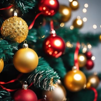 Close-UP of Christmas Tree, Red and Golden Ornaments against a Defocused Lights Background