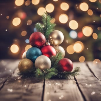 Close-UP of Christmas Tree, Red and Golden Ornaments against a Defocused Lights Background