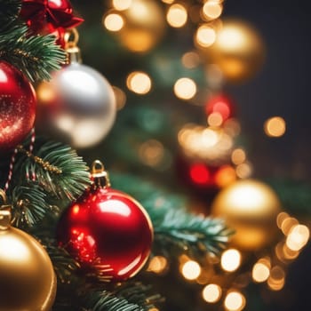 Close-UP of Christmas Tree, Red and Golden Ornaments against a Defocused Lights Background