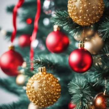 Close-UP of Christmas Tree, Red and Golden Ornaments against a Defocused Lights Background