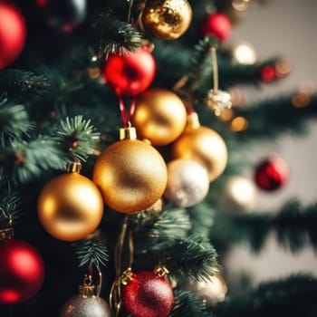 Close-UP of Christmas Tree, Red and Golden Ornaments against a Defocused Lights Background