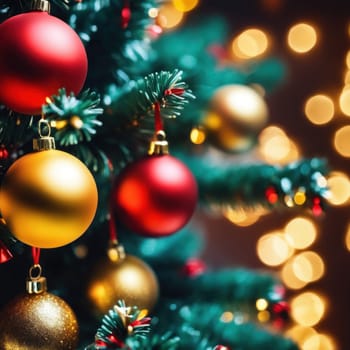 Close-UP of Christmas Tree, Red and Golden Ornaments against a Defocused Lights Background