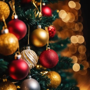 Close-UP of Christmas Tree, Red and Golden Ornaments against a Defocused Lights Background