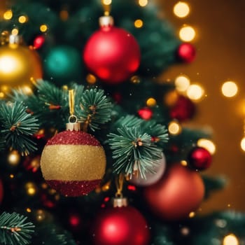 Close-UP of Christmas Tree, Red and Golden Ornaments against a Defocused Lights Background