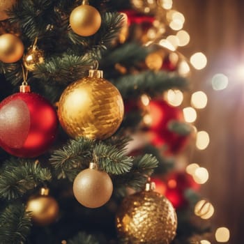 Close-UP of Christmas Tree, Red and Golden Ornaments against a Defocused Lights Background