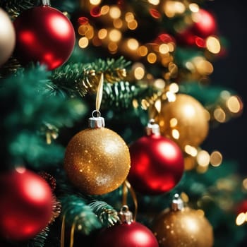 Close-UP of Christmas Tree, Red and Golden Ornaments against a Defocused Lights Background