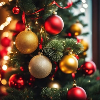 Close-UP of Christmas Tree, Red and Golden Ornaments against a Defocused Lights Background