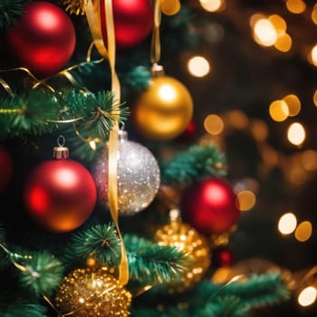 Close-UP of Christmas Tree, Red and Golden Ornaments against a Defocused Lights Background