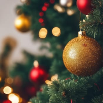 Close-UP of Christmas Tree, Red and Golden Ornaments against a Defocused Lights Background