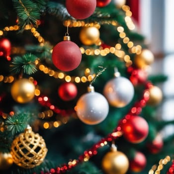 Close-UP of Christmas Tree, Red and Golden Ornaments against a Defocused Lights Background