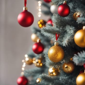 Close-UP of Christmas Tree, Red and Golden Ornaments against a Defocused Lights Background