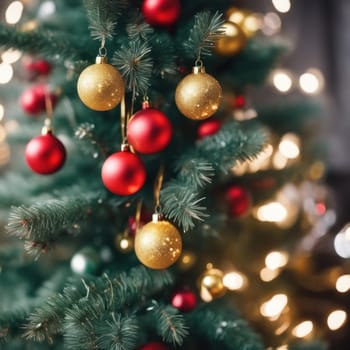 Close-UP of Christmas Tree, Red and Golden Ornaments against a Defocused Lights Background