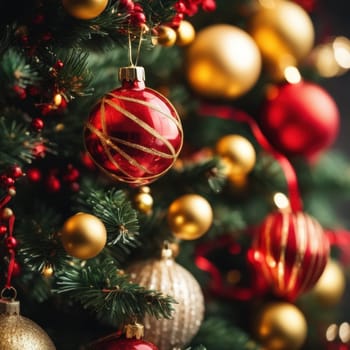 Close-UP of Christmas Tree, Red and Golden Ornaments against a Defocused Lights Background