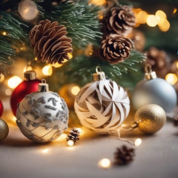 Close-UP of Christmas Tree, Red and Golden Ornaments against a Defocused Lights Background