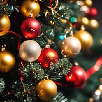 Close-UP of Christmas Tree, Red and Golden Ornaments against a Defocused Lights Background