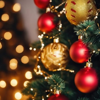 Close-UP of Christmas Tree, Red and Golden Ornaments against a Defocused Lights Background