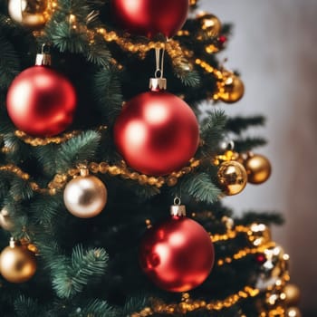 Close-UP of Christmas Tree, Red and Golden Ornaments against a Defocused Lights Background