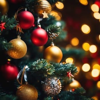 Close-UP of Christmas Tree, Red and Golden Ornaments against a Defocused Lights Background