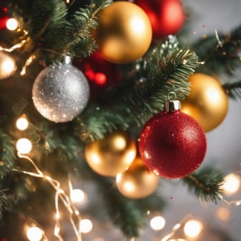 Close-UP of Christmas Tree, Red and Golden Ornaments against a Defocused Lights Background