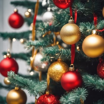 Close-UP of Christmas Tree, Red and Golden Ornaments against a Defocused Lights Background