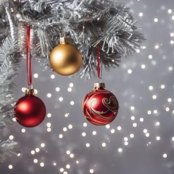 Close-UP of Christmas Tree, Red and Golden Ornaments against a Defocused Lights Background