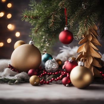 Close-UP of Christmas Tree, Red and Golden Ornaments against a Defocused Lights Background