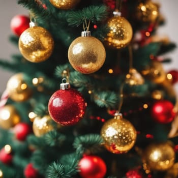 Close-UP of Christmas Tree, Red and Golden Ornaments against a Defocused Lights Background