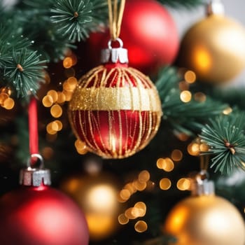 Close-UP of Christmas Tree, Red and Golden Ornaments against a Defocused Lights Background