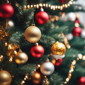 Close-UP of Christmas Tree, Red and Golden Ornaments against a Defocused Lights Background