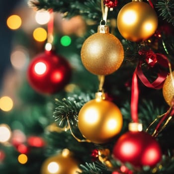 Close-UP of Christmas Tree, Red and Golden Ornaments against a Defocused Lights Background