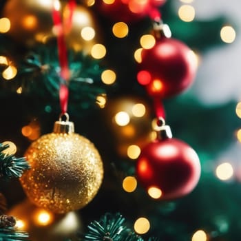 Close-UP of Christmas Tree, Red and Golden Ornaments against a Defocused Lights Background