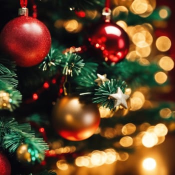 Close-UP of Christmas Tree, Red and Golden Ornaments against a Defocused Lights Background