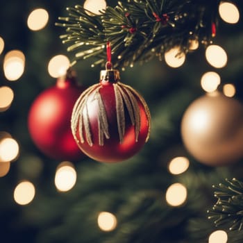 Close-UP of Christmas Tree, Red and Golden Ornaments against a Defocused Lights Background