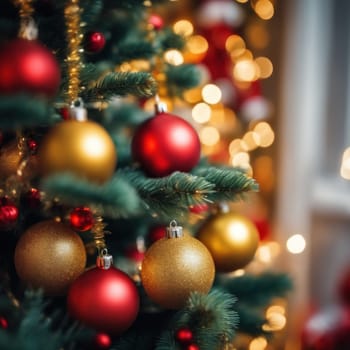 Close-UP of Christmas Tree, Red and Golden Ornaments against a Defocused Lights Background