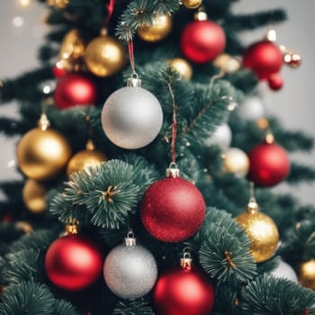 Close-UP of Christmas Tree, Red and Golden Ornaments against a Defocused Lights Background