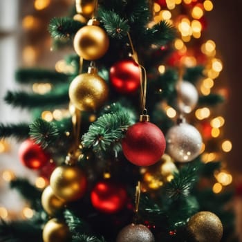 Close-UP of Christmas Tree, Red and Golden Ornaments against a Defocused Lights Background