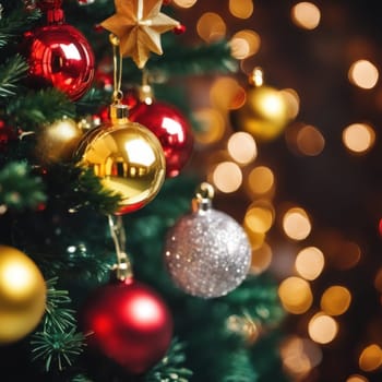 Close-UP of Christmas Tree, Red and Golden Ornaments against a Defocused Lights Background