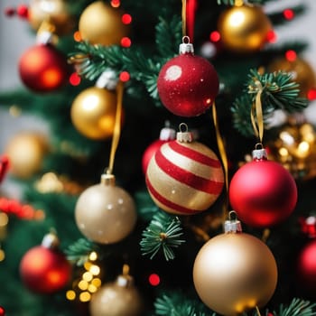 Close-UP of Christmas Tree, Red and Golden Ornaments against a Defocused Lights Background