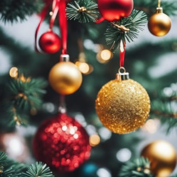 Close-UP of Christmas Tree, Red and Golden Ornaments against a Defocused Lights Background