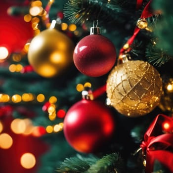 Close-UP of Christmas Tree, Red and Golden Ornaments against a Defocused Lights Background