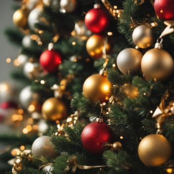 Close-UP of Christmas Tree, Red and Golden Ornaments against a Defocused Lights Background