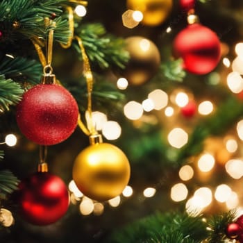 Close-UP of Christmas Tree, Red and Golden Ornaments against a Defocused Lights Background