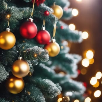 Close-UP of Christmas Tree, Red and Golden Ornaments against a Defocused Lights Background